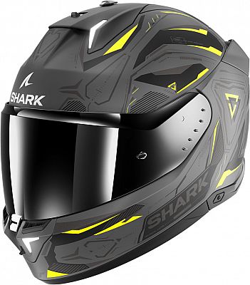 Full face motorcycle helmet in matte grey, yellow, and dark grey, featuring a sleek design, tinted visor, and ventilation ports, size XS by Shark.