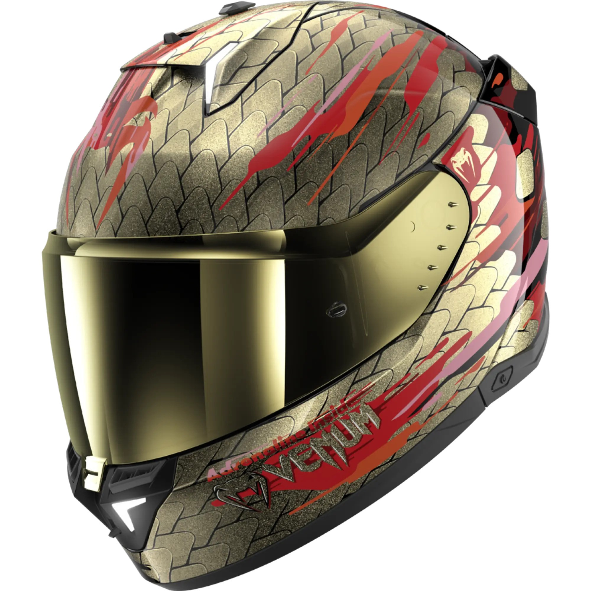 Skwal I3 Venum motorcycle helmet in black, red, and gold with a textured scale pattern, featuring a tinted visor and aerodynamic design for enhanced performance.