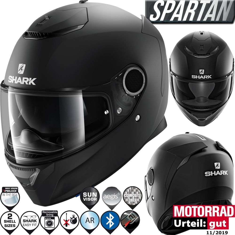 Matt black Shark Spartan Blank Mat Motorcycle Helmet featuring a sleek design, aerodynamic shape, integrated sun visor, and multiple shell sizes for a comfortable fit.