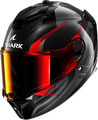 Full face Shark Spartan GT Pro Carbon helmet in black and red, featuring a sleek carbon fiber texture, aerodynamic design, and a tinted visor. Size: M.
