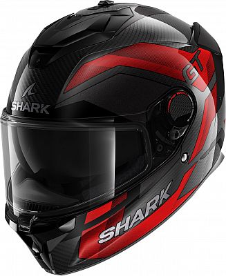 Black and red Shark Spartan GT Pro Carbon Ritmo full face helmet in size M, featuring a sleek design, carbon fiber texture, and a clear visor.