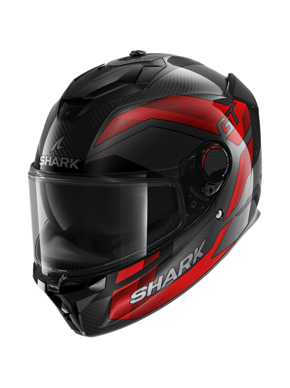 Full face motorcycle helmet in black and red, featuring a carbon fiber finish, aerodynamic design, and a clear visor, size XL, by Shark.
