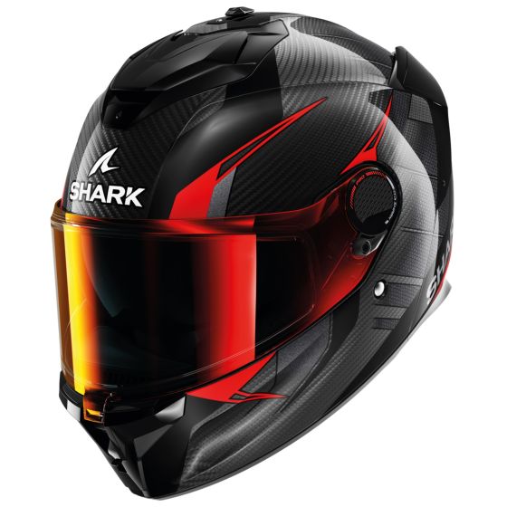 Full face helmet in black and red, featuring a carbon fiber texture, aerodynamic design, and a reflective visor, size XS by Shark Spartan GT Pro.