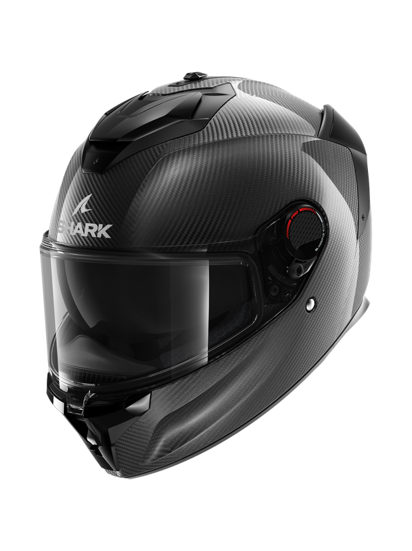Black and dark grey Shark Spartan GT Pro full face helmet featuring a carbon skin finish, large visor, and adjustable ventilation system. Size L.
