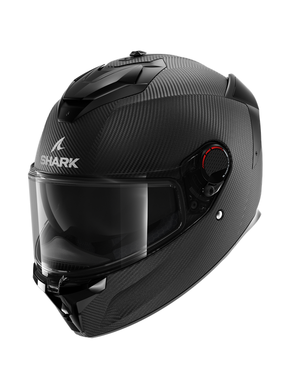 Matt black and dark grey full face helmet made of carbon, featuring a sleek design, tinted visor, and adjustable ventilation system, size M by Shark.
