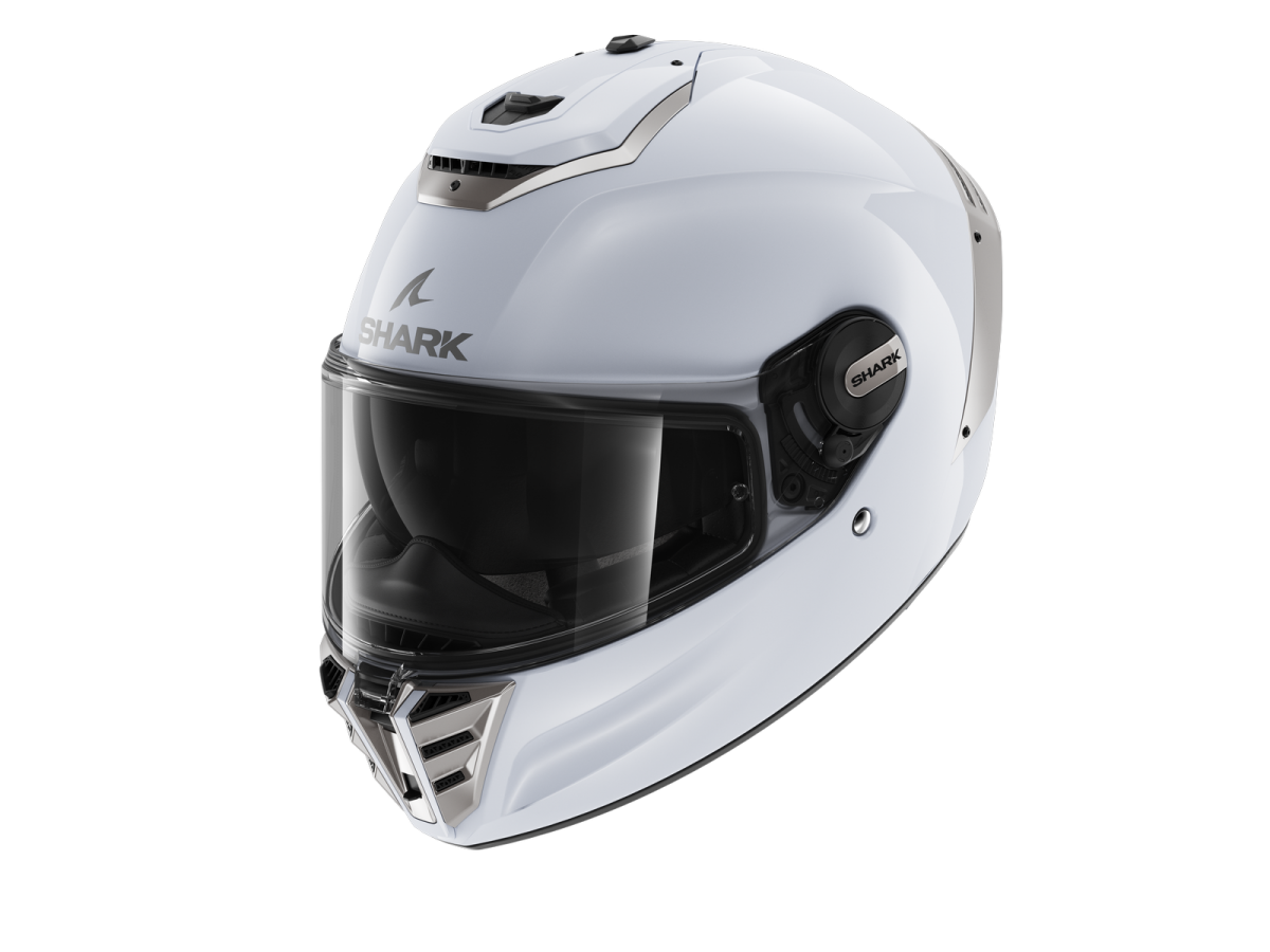 Shark Spartan RS full face helmet in white and silver, size S, featuring a sleek design, large tinted visor, and ventilation system for enhanced comfort and safety.