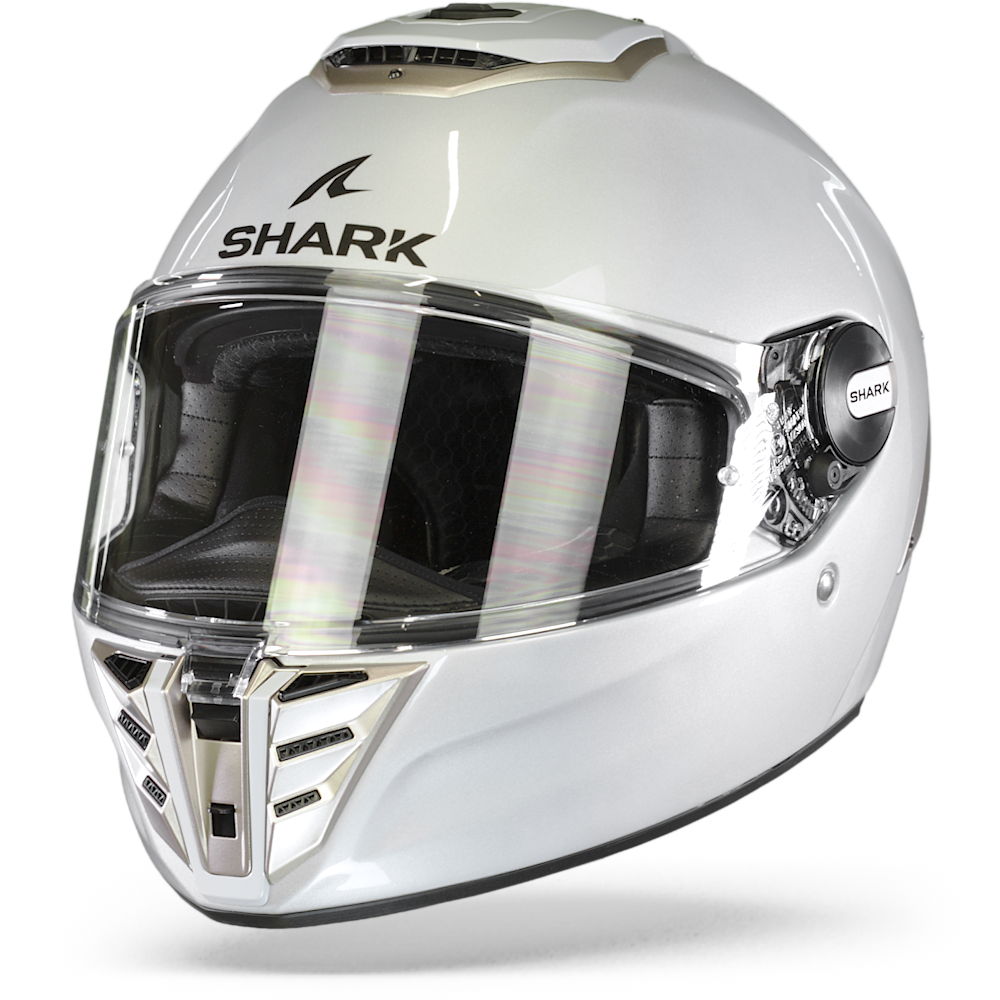 Shark Spartan RS full face helmet in white and silver, featuring a sleek aerodynamic design, large visor, and ventilation system, size XL.