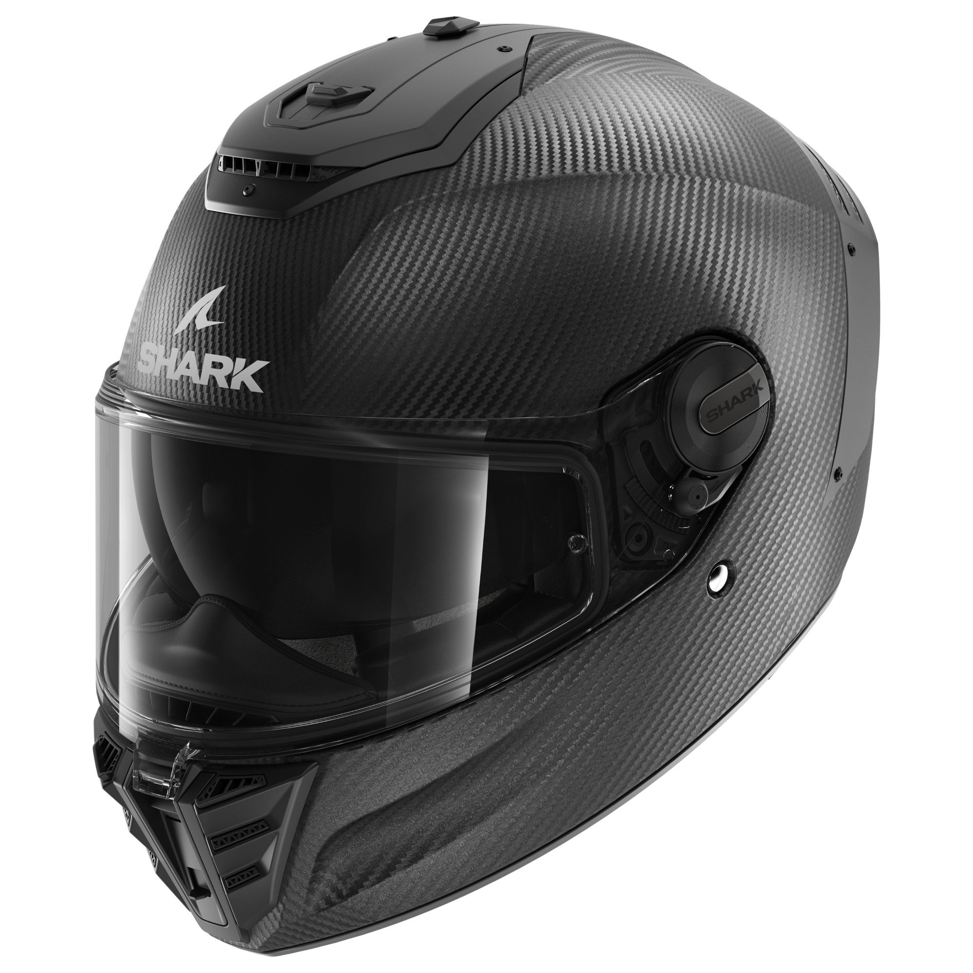 Shark Spartan RS Carbon Skin Mat Motorcycle Helmet features a sleek matte carbon finish, a clear visor, and aerodynamic design with ventilation ports for optimal airflow.