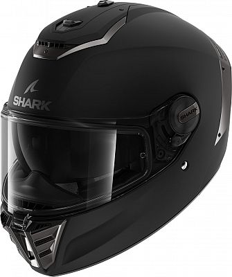 Matt black full face helmet by Shark, featuring a sleek design, clear visor, and adjustable ventilation, size L.