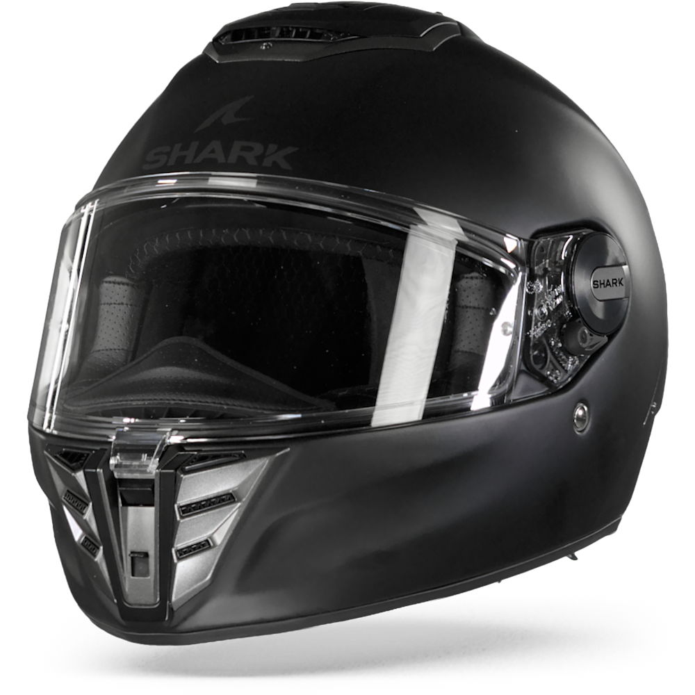 Matt black full face helmet by Shark, featuring a clear visor, ventilation system, and sleek design, size M, ideal for motorcycle riders.