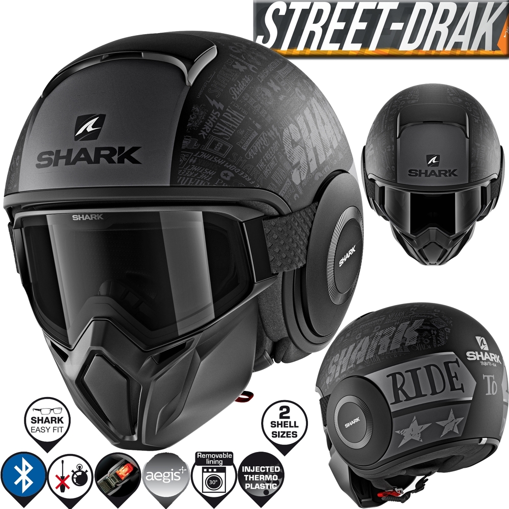 Matt black open face motorcycle helmet with anthracite accents, featuring a tinted visor, Shark logo, and Bluetooth compatibility, designed for comfort and style.