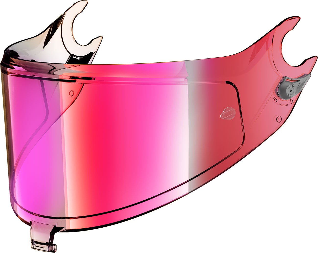 Mirrored pink shield visor for Shark helmets, featuring a sleek, aerodynamic design with a clear edge and attachment points for secure fitting.