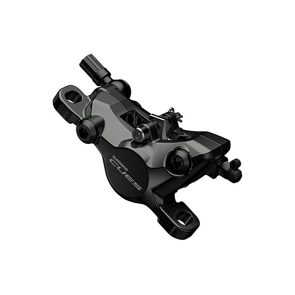 Black Shimano Cues U8000 hydraulic disc brake caliper featuring a sleek design, multiple mounting points, and a prominent Shimano logo on the body.