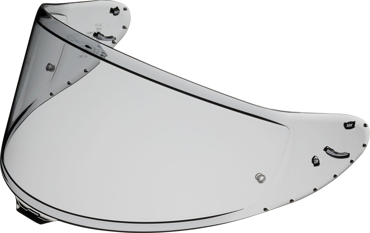 Grey Shoei CNS-1C visor with a curved design, made of durable polycarbonate, featuring multiple mounting points for secure attachment to helmets.
