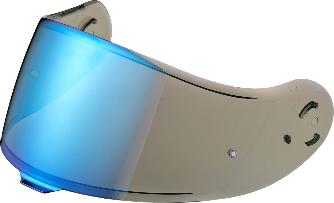 Blue Shoei CNS-1C visor with a sleek, curved design, featuring a tinted finish and mounting holes for easy attachment to helmets.