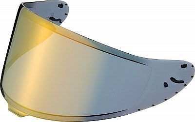 Gold-tinted Shoei CWR-F2PN visor designed for men, featuring a sleek, curved shape with mounting holes for easy attachment to helmets.