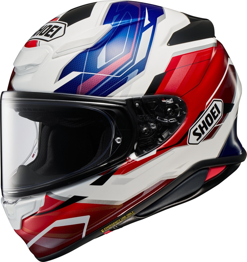 Shoei NXR 2 Capriccio Helmet in white with red and blue accents, featuring a sleek aerodynamic design, tinted visor, and size L for men.