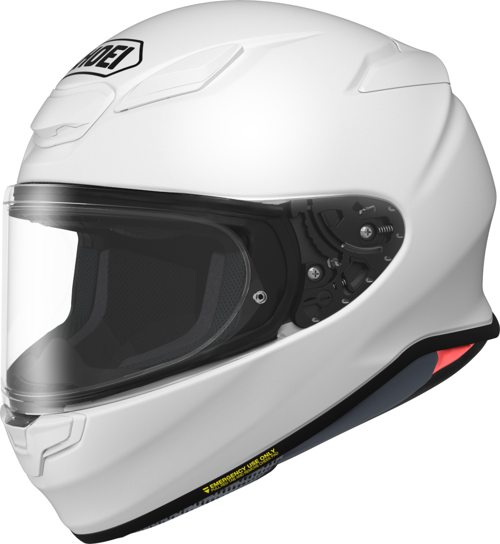 White Shoei NXR 2 helmet in size 2XS for men, featuring a sleek aerodynamic design, clear visor, and ventilation ports, ideal for motorcycle riding.