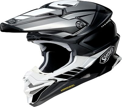 Shoei VFX-WR 06 Jammer motocross helmet in black, grey, and white, featuring a sleek design, ventilation ports, and a size S label for men.