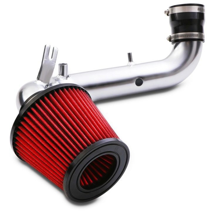 Short air induction kit featuring a polished aluminum intake pipe and a red conical air filter with a black base, designed for Honda Civic EP3 Type R models from 2000 to 2005.