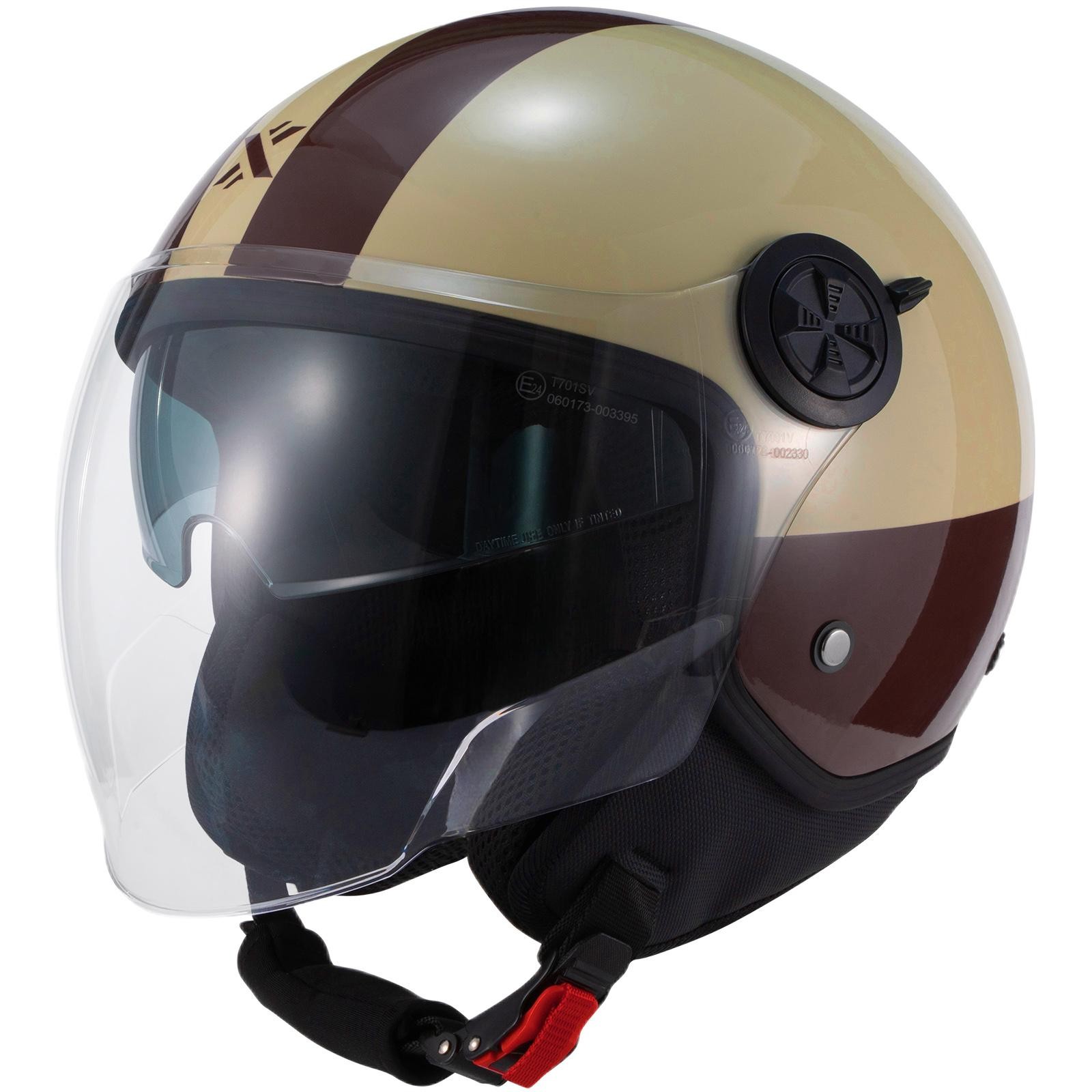 Glossy burgundy and sand-colored open face motorcycle helmet featuring a clear visor, padded interior, and adjustable chin strap, designed for comfort and safety.