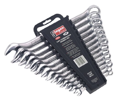 14-piece Siegen S0714 combination spanner set featuring shiny chrome vanadium steel wrenches, arranged in a black holder with clear size markings for easy identification.