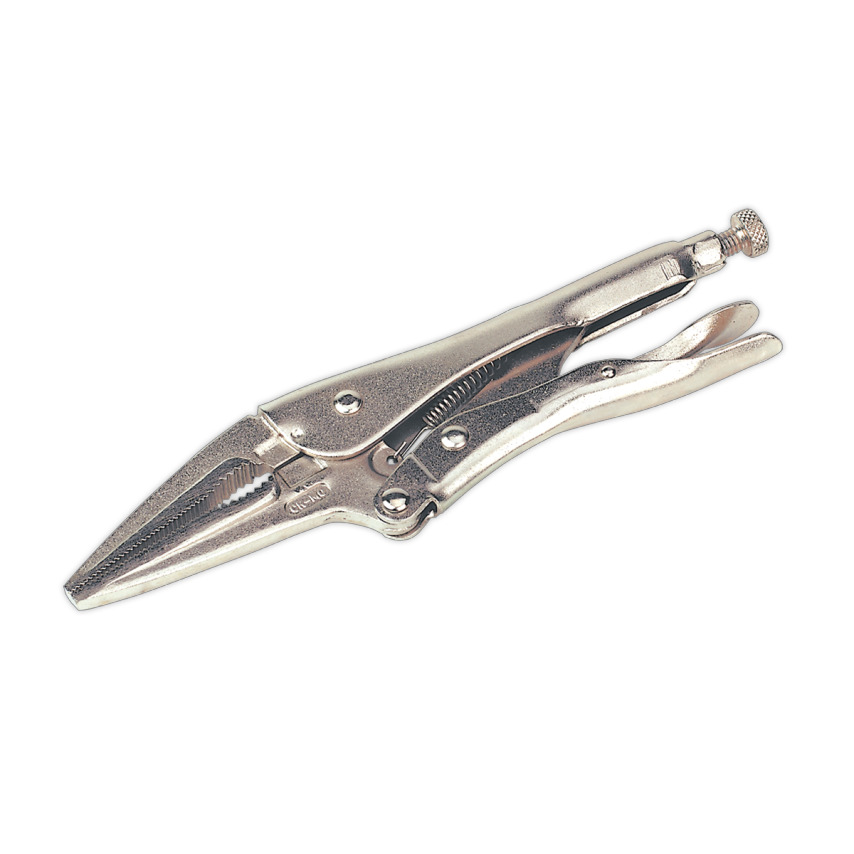 Silver metal locking pliers with a long nose, measuring 225mm, featuring a textured grip and adjustable screw for secure clamping.