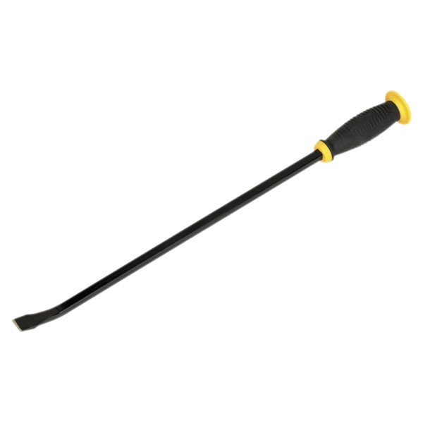 Black prybar with a yellow rubber grip and hammer cap, measuring 610mm, featuring a flat, chiseled end for prying and lifting tasks.