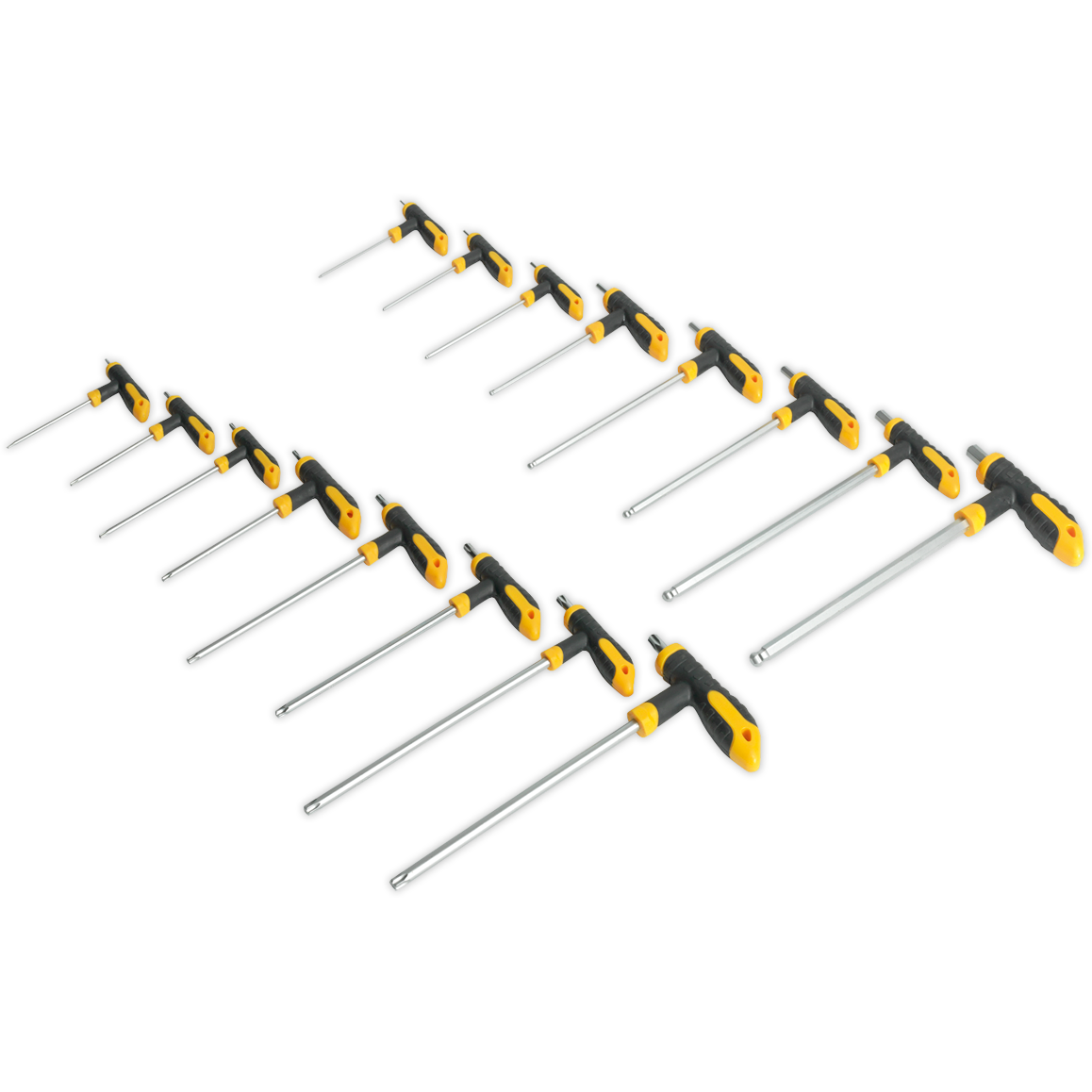 16-piece T-handle Torx and hexagon Allen key set featuring black and yellow ergonomic grips with chrome-plated steel shafts for durability and easy handling.