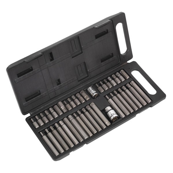 40-piece Sealey S0982 TRX-Star/Hex/Spline Bit Set in a black plastic case, featuring various bit sizes for 3/8" and 1/2" square drives, with a secure storage layout.