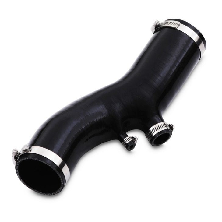 Black silicone intake pipe with a smooth finish, featuring two metal clamps and an additional fitting, designed for Renault Megane RS 250 models from 2009 to 2017.