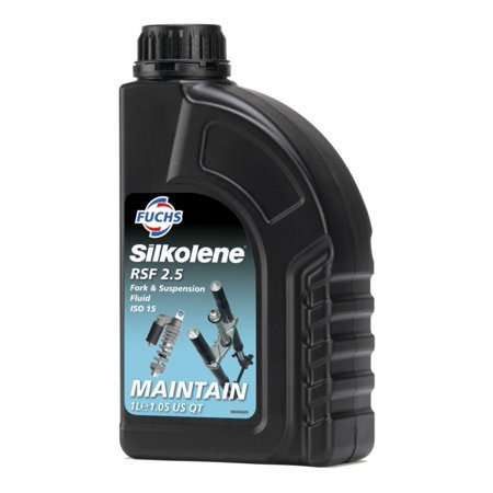 Black plastic container of Silkolene Pro-RSF Shock Fluid, 2.5W, featuring a blue and white label with product details and a graphic of suspension components.