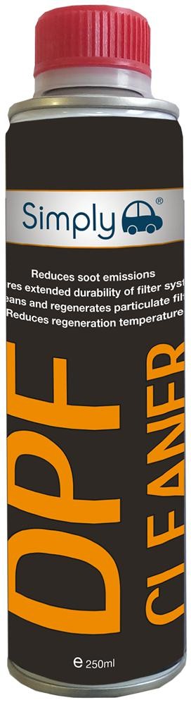 Silver metal canister with a red screw cap, labeled "Simply DPF Cleaner" in bold orange and blue text, 250ml capacity, designed to reduce soot emissions and enhance filter durability.