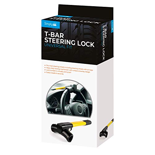 Yellow and black T-Bar steering wheel lock with a sturdy metal design, featuring a universal fit for various steering wheels, packaged in a branded box.