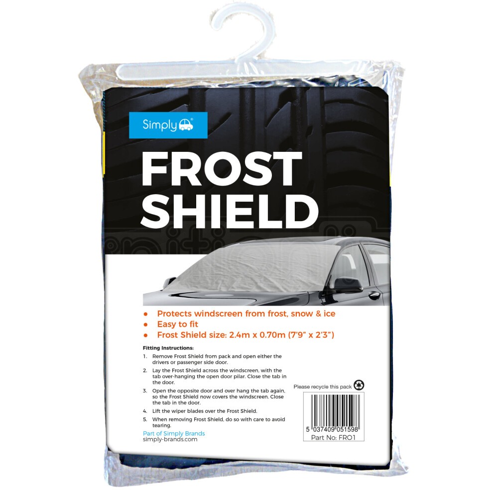 Frost Shield cover in a clear plastic packaging, featuring a black and white design, designed to protect windscreens from frost, snow, and ice, measuring 2.4m x 0.7m.