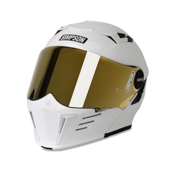 White Simpson Darksome Solid flip-up helmet in XXL size featuring a gold-tinted visor, sleek aerodynamic design, and ventilation ports for enhanced airflow.