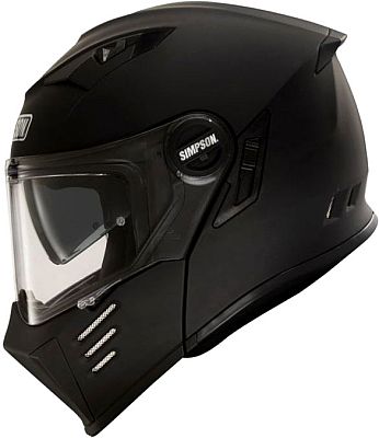 Matt-black flip-up helmet by Simpson, size L, featuring a clear visor, aerodynamic design, and ventilation slots for enhanced airflow.