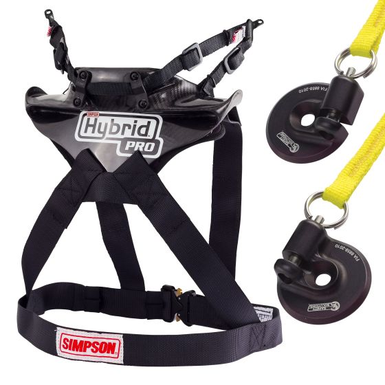 Black Simpson Hybrid Pro Lite Head & Neck Restraint in X-Large, featuring adjustable straps, a carbon fiber shell, and an optional M61 quick release system.