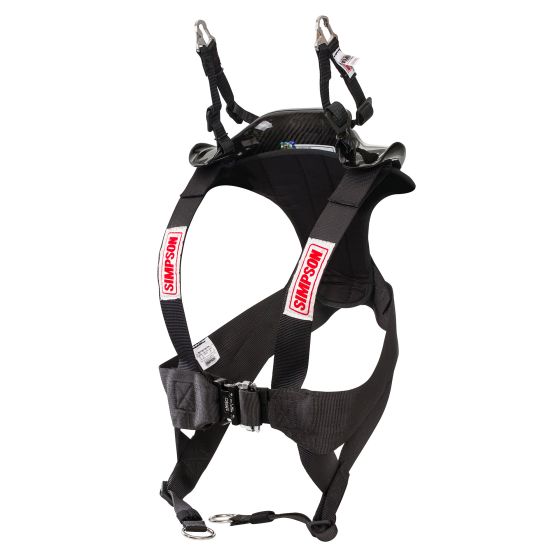 Black Simpson Hybrid S Head & Neck Restraint with adjustable straps, HANS posts, and red logo detailing, designed for medium-sized safety in motorsports.