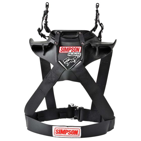Black Simpson Hybrid Sport Head & Neck Restraint in X-Large, featuring a durable design with adjustable straps and optional M61 Quick Release System for enhanced safety.