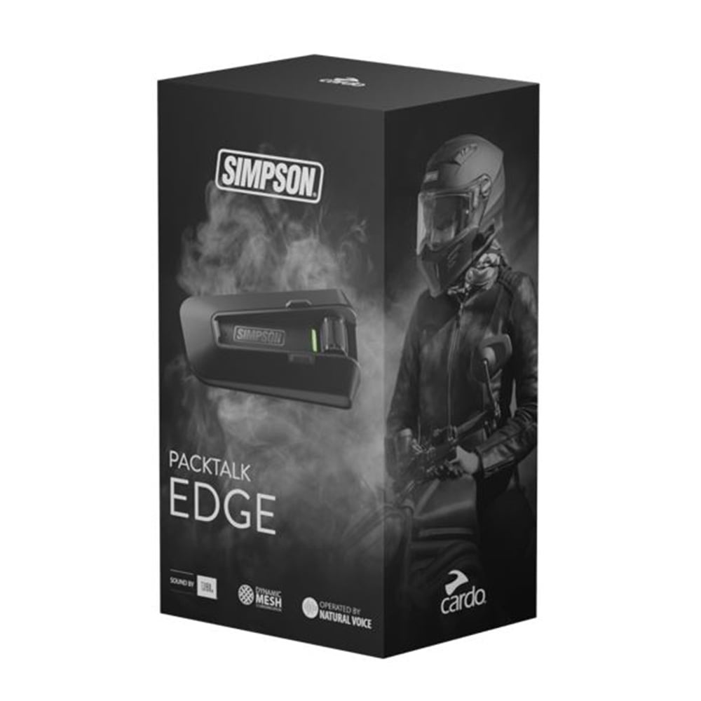 Black packaging for the Simpson Cardo Packtalk Edge Mesh Bluetooth Intercom System features a rider in a helmet and smoke effects, highlighting its advanced communication technology.