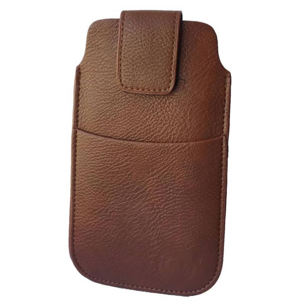 Brown leather pinlock lens case with a textured finish, featuring a secure flap closure and a front pocket for added convenience.