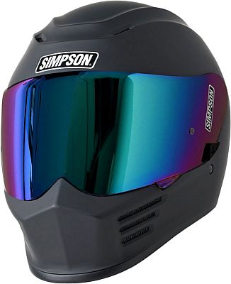 Black Simpson Speed 06 helmet in size S for men features a sleek design with a reflective visor and ventilation slots for enhanced airflow.