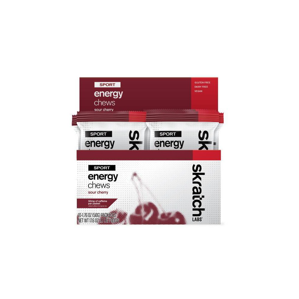 Skratch Labs Fruit Drops in Cherry flavor, featuring a bright red packaging with white and black text, highlighting "Sport Energy Chews" and a cherry graphic.