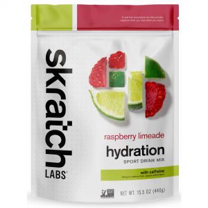 Skratch Labs Sport Hydration Mix in a 1lb bag featuring a vibrant green and white design, with raspberry and lime images, labeled "hydration" and "with caffeine."