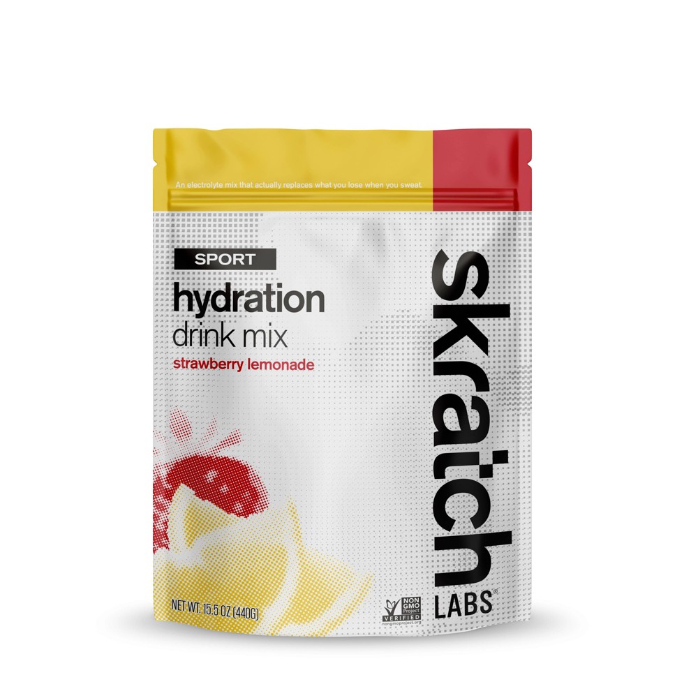Skratch LABS Sport Hydration Drink Mix in a resealable pouch, featuring a red and yellow design with strawberries and lemons, labeled "strawberry lemonade," 20 servings.