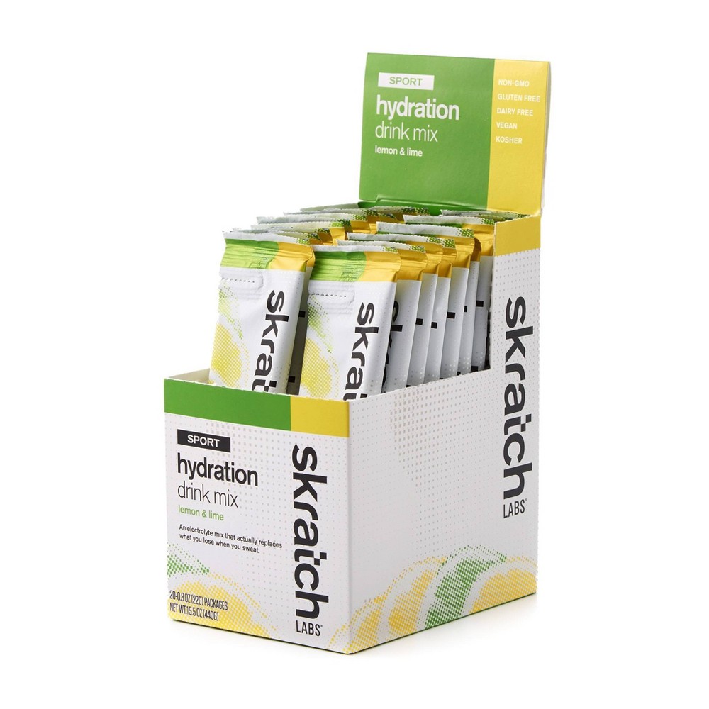 Skratch Labs Sport Hydration Mix box containing 20 individual packets in lemon and lime flavor, featuring a bright yellow and green design with clear labeling.