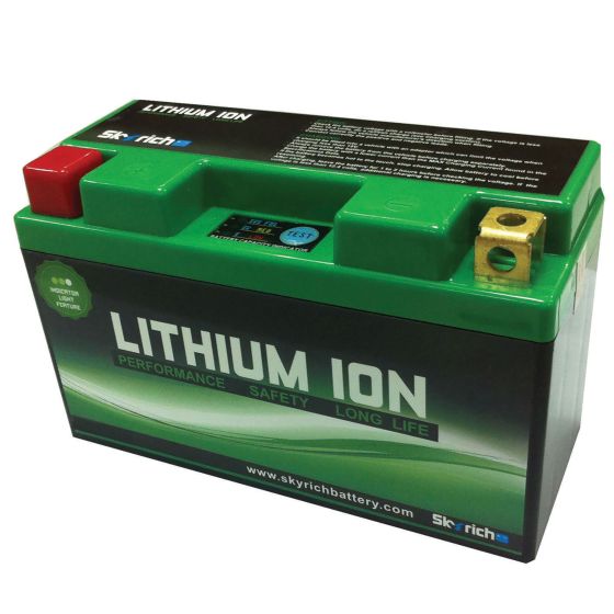 Green lithium-ion battery with a red and green terminal, featuring a label that highlights performance, safety, and long life, by Skyrich, model HJT12B-FP.