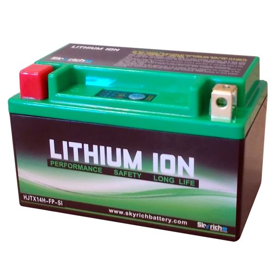 Green and black lithium-ion battery with a label reading "LITHIUM ION" and model number "HJTX14H-FP," featuring red and yellow terminals on top.