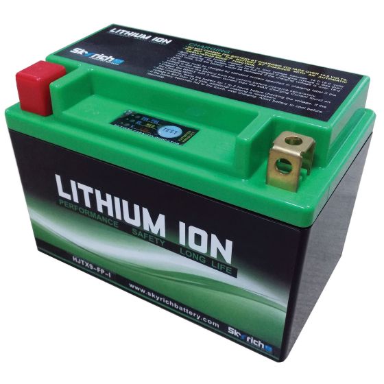 Green and black lithium-ion battery with a red terminal, labeled "LITHIUM ION," featuring performance and safety details, model number HJTX9-FP, and a sleek design.
